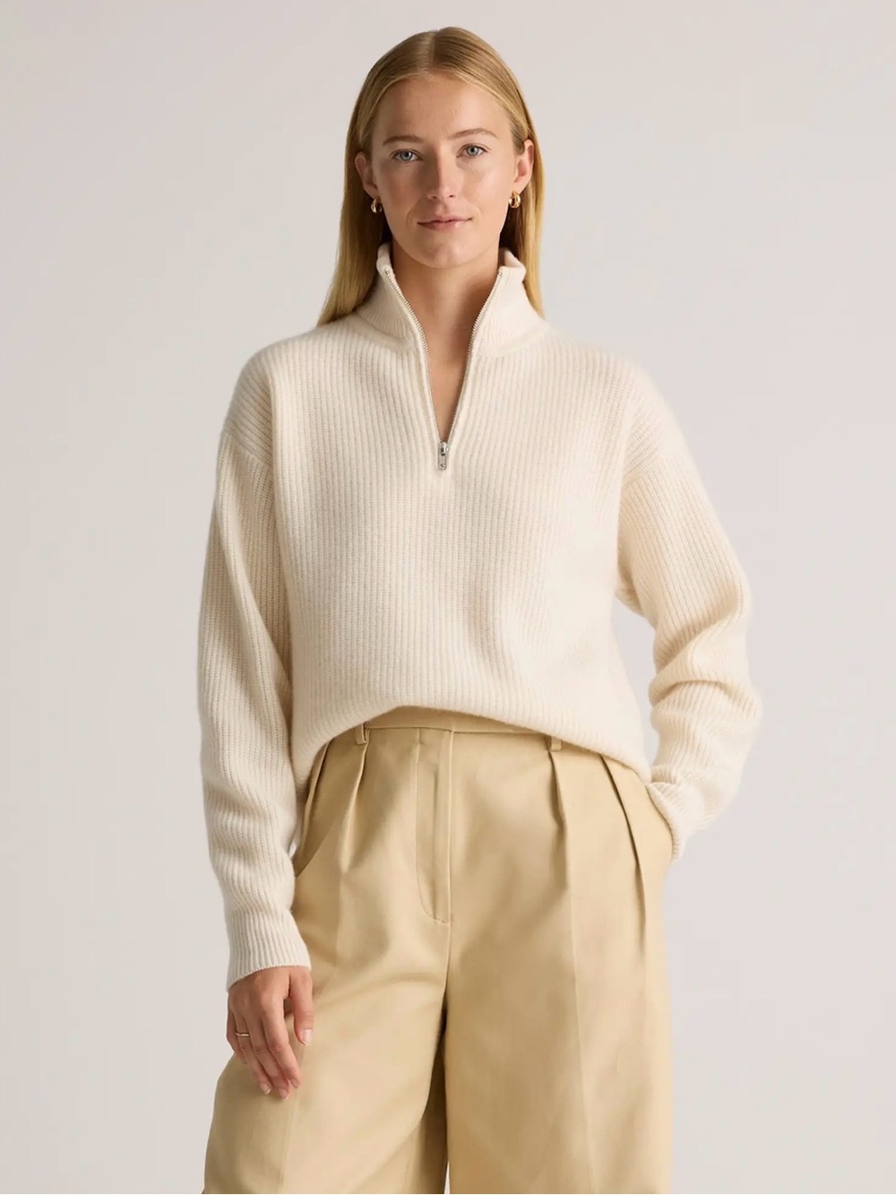 Quince Mongolian Cashmere Fisherman Quarter Zip Sweater, Ivory, XL